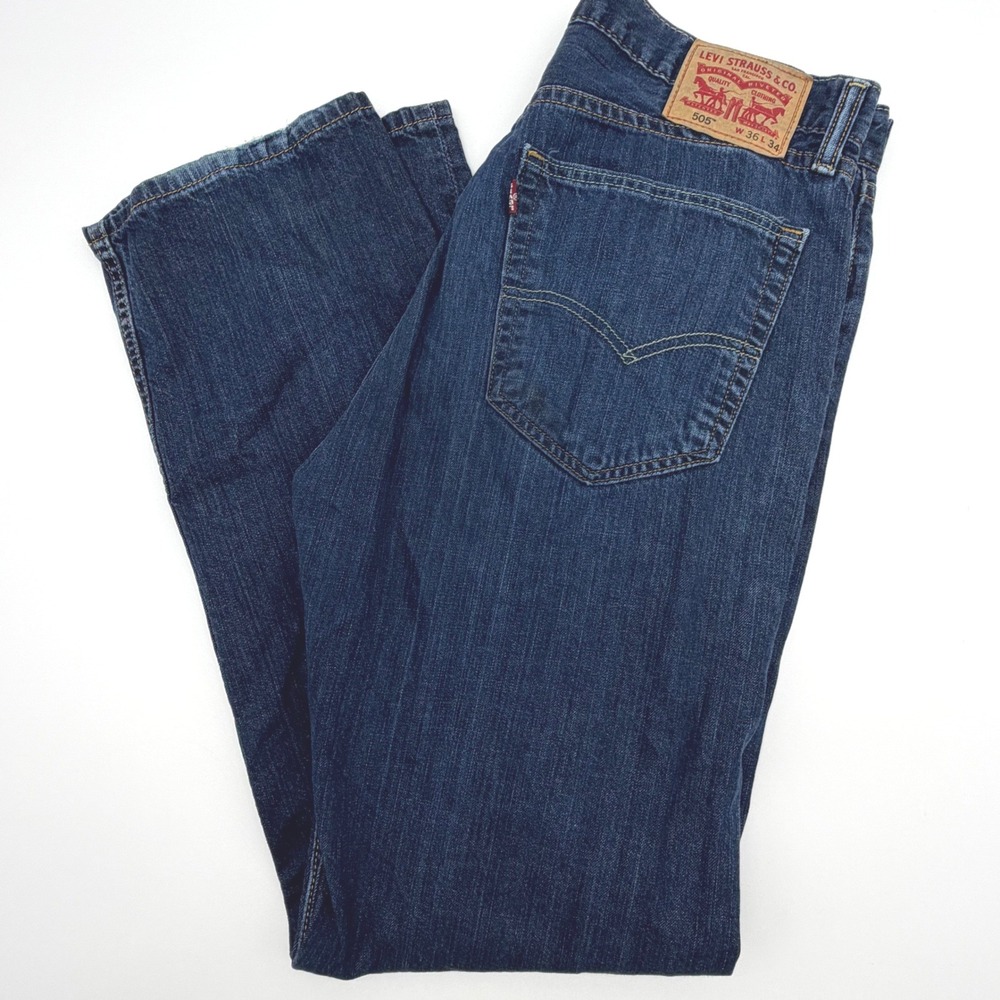 Levis 505 Regular Fit Dark Wash Blue Denim Jeans Mens 36x34 Straight Leg